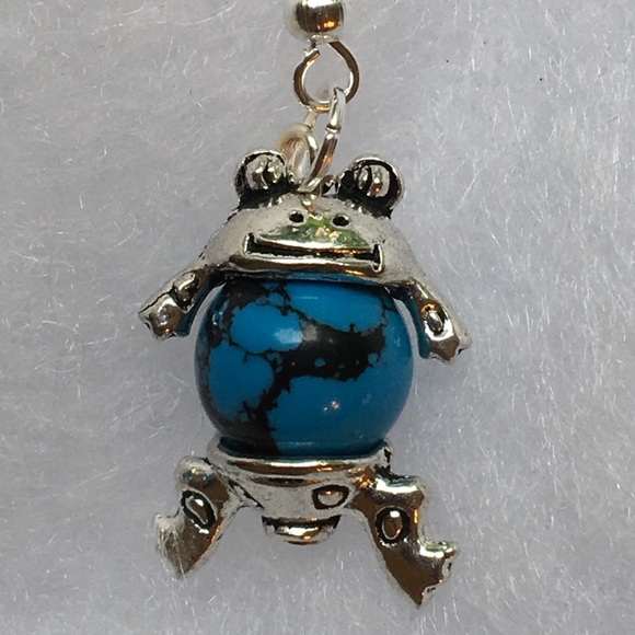 SOLD Blue Turquoise Silver Frog Earrings - Picture 5 of 8